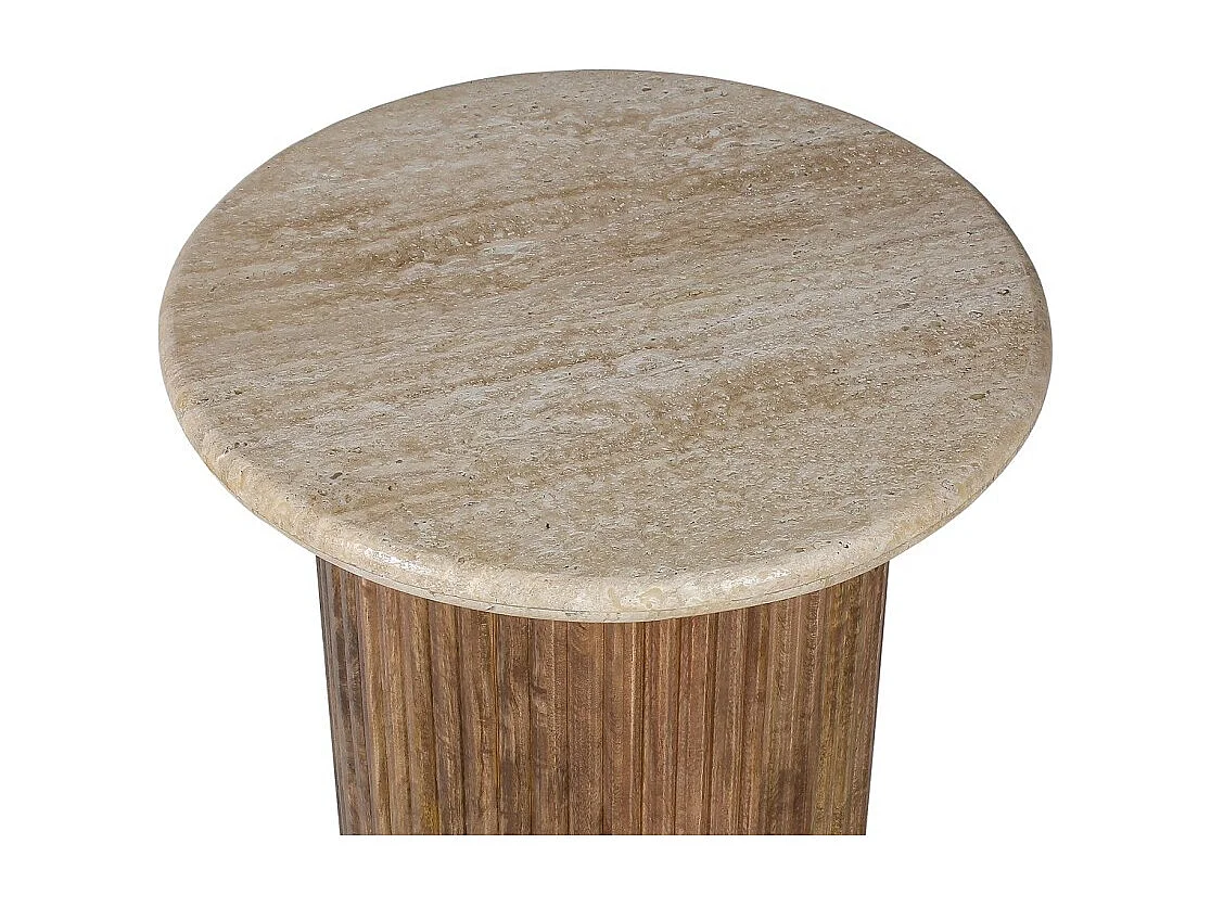 Table de centro MAELORA – Mesa de centro redonda Ø50 cm – Madeira de mangueira & travertino – Design natural e elegante