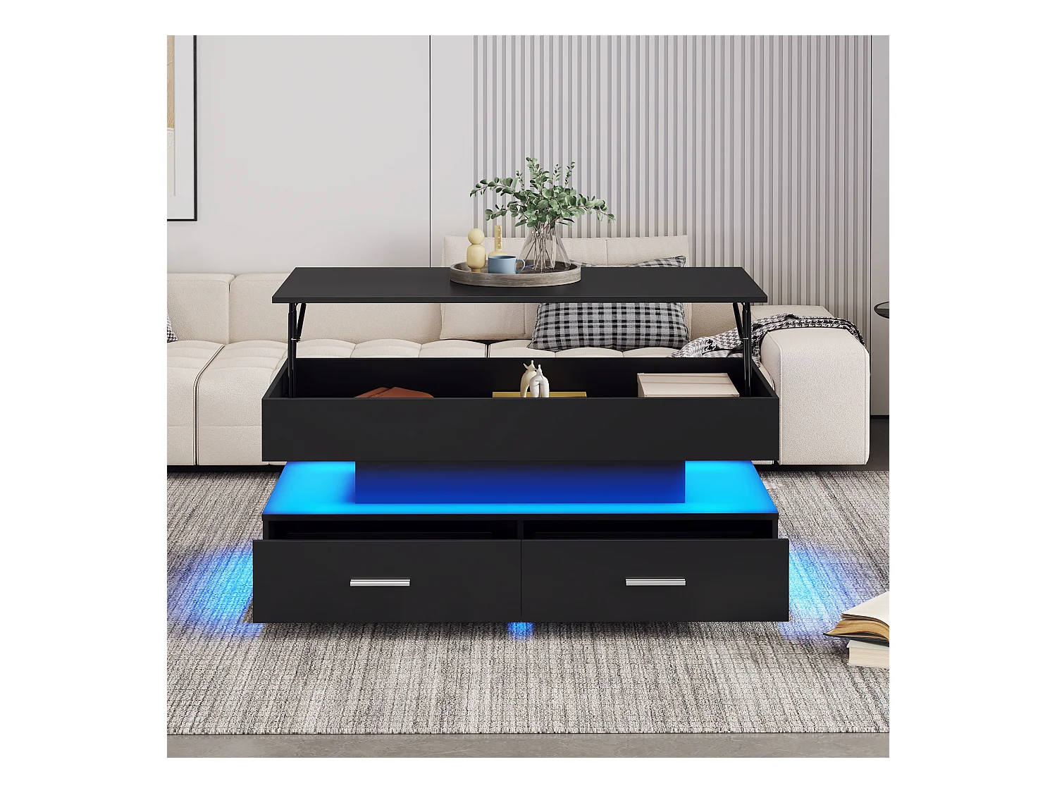 Table basse noir - avec 2 tiroirs et plateau relevable hydraulique - éclairage LED - pour salon et salle à manger