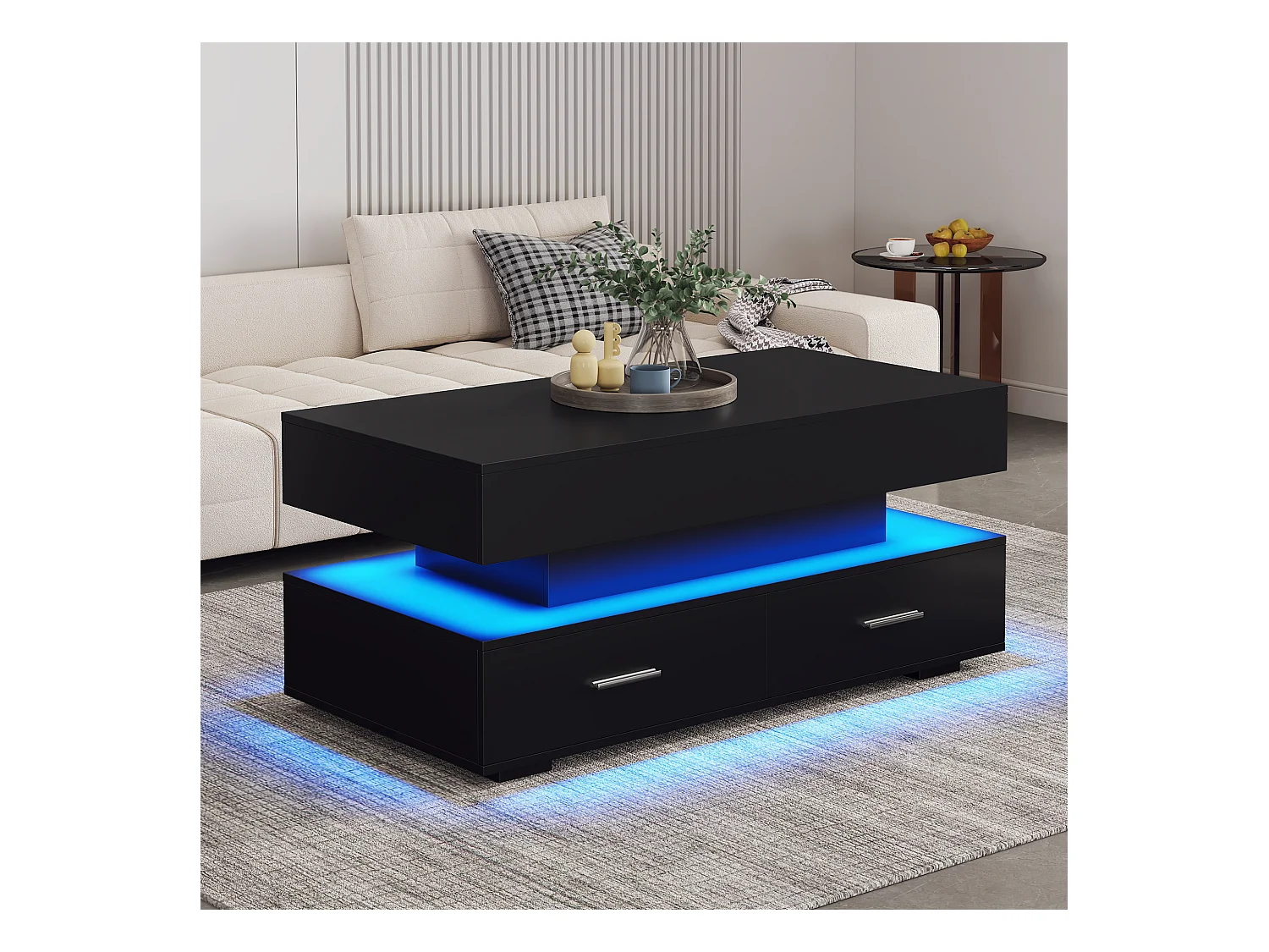 Table basse noir - avec 2 tiroirs et plateau relevable hydraulique - éclairage LED - pour salon et salle à manger