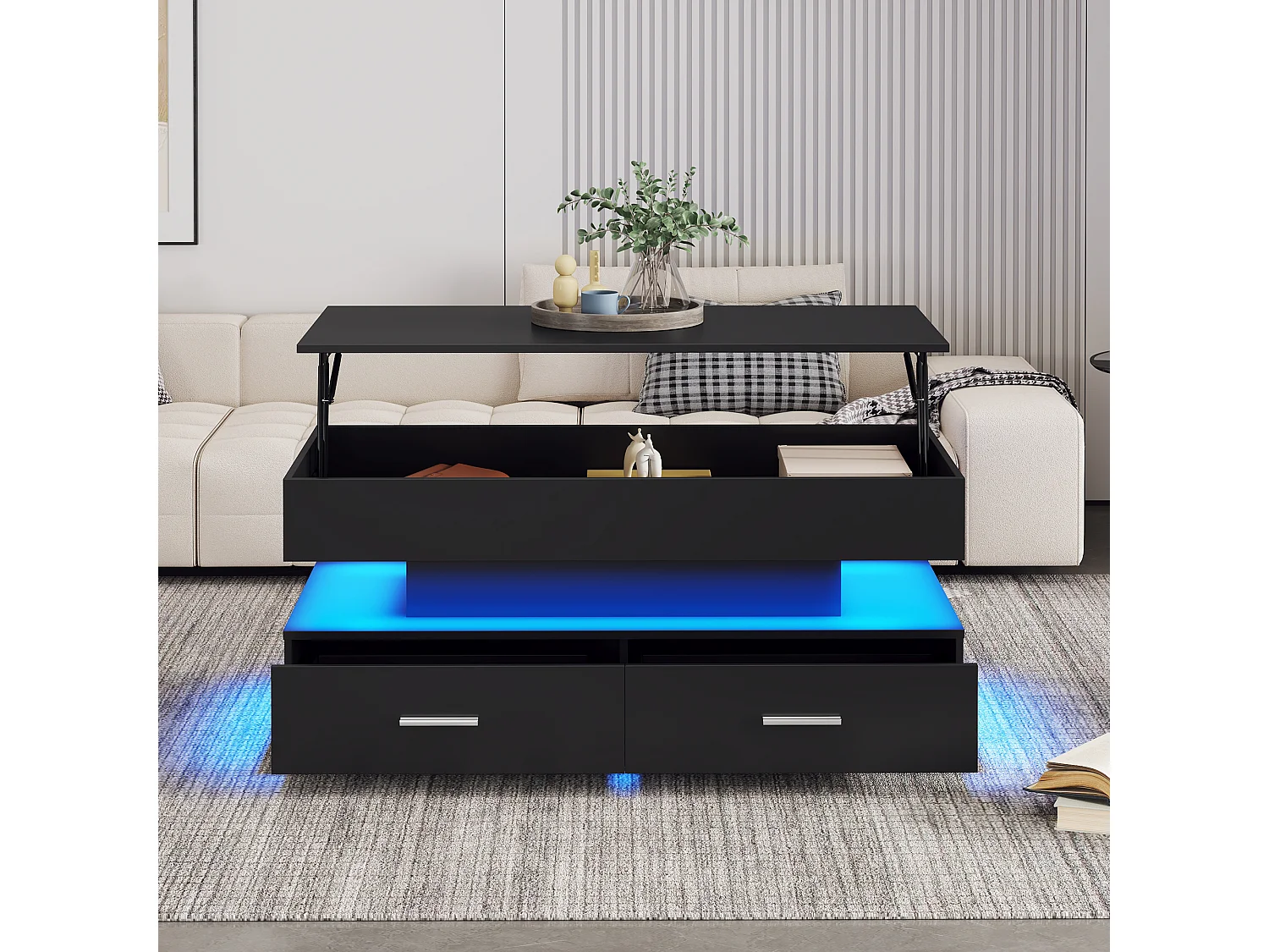 Table basse noir - avec 2 tiroirs et plateau relevable hydraulique - éclairage LED - pour salon et salle à manger