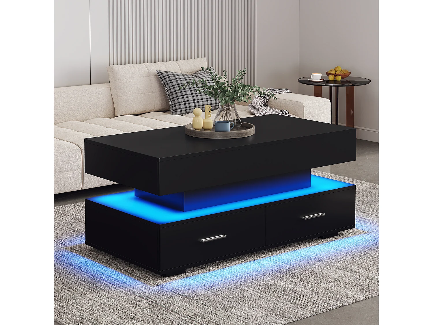 Table basse noir - avec 2 tiroirs et plateau relevable hydraulique - éclairage LED - pour salon et salle à manger