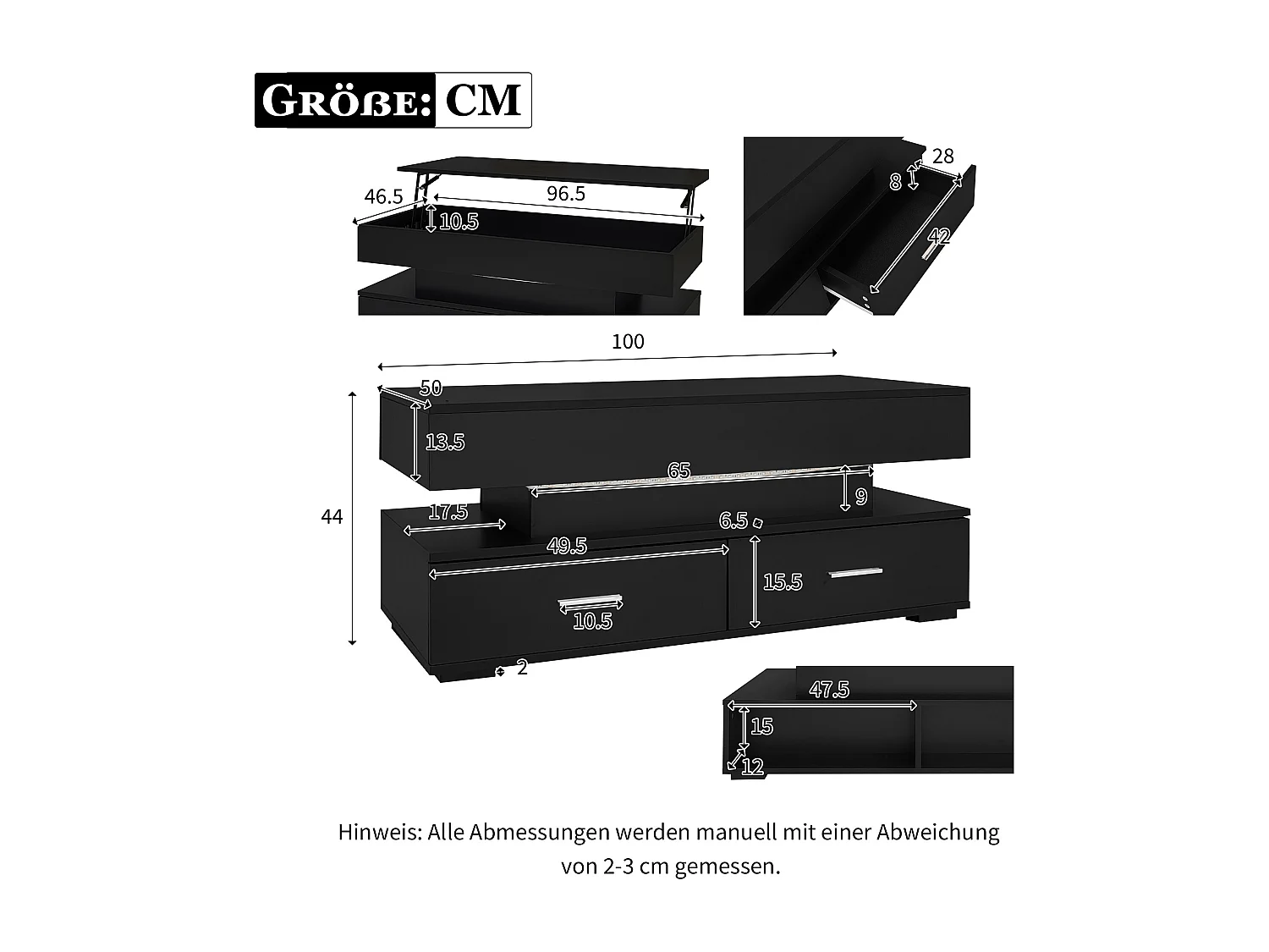Table basse noir - avec 2 tiroirs et plateau relevable hydraulique - éclairage LED - pour salon et salle à manger