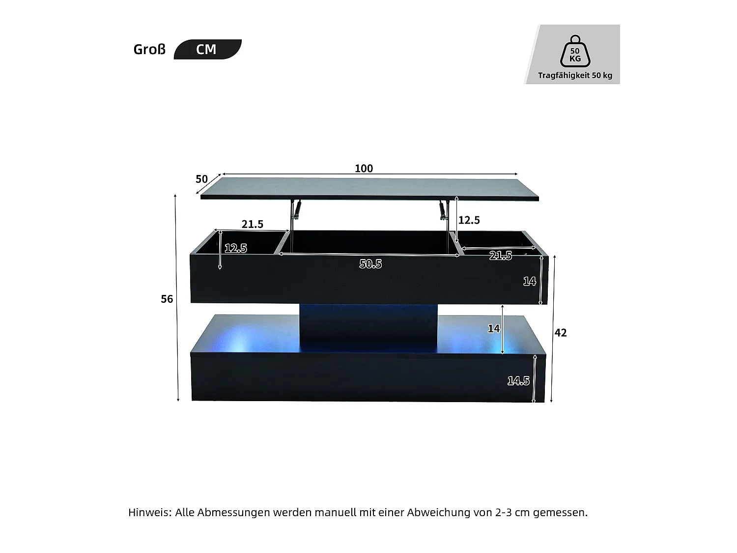 Table basse moderne - Table basse noire avec éclairage LED et prise de charge - ascenseur hydraulique