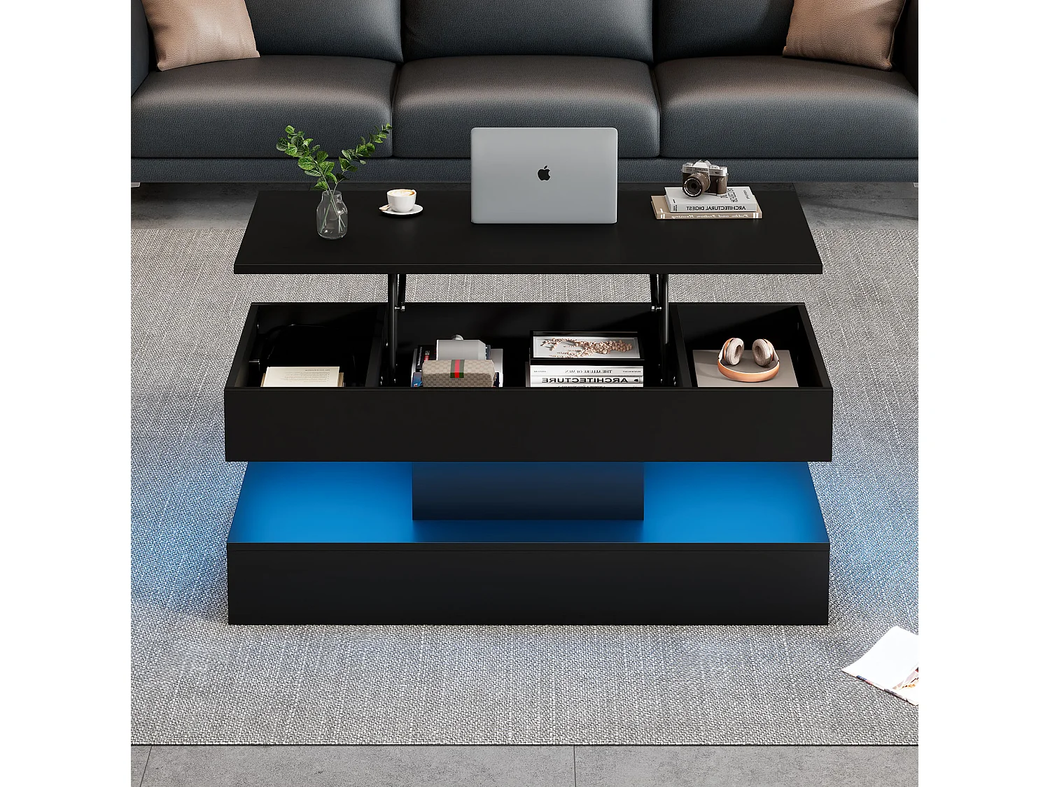 Table basse moderne - Table basse noire avec éclairage LED et prise de charge - ascenseur hydraulique