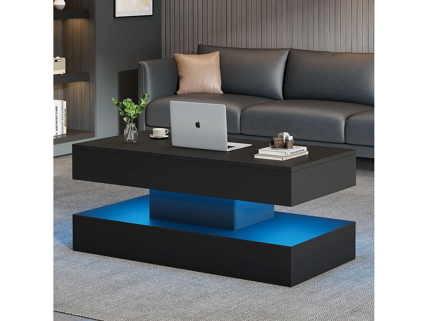 Table basse moderne - Table basse noire avec éclairage LED et prise de charge - ascenseur hydraulique