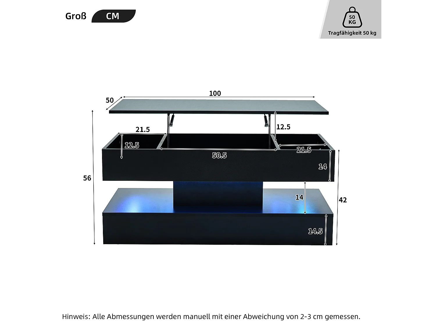 Table basse moderne - Table basse noire avec éclairage LED et prise de charge - ascenseur hydraulique