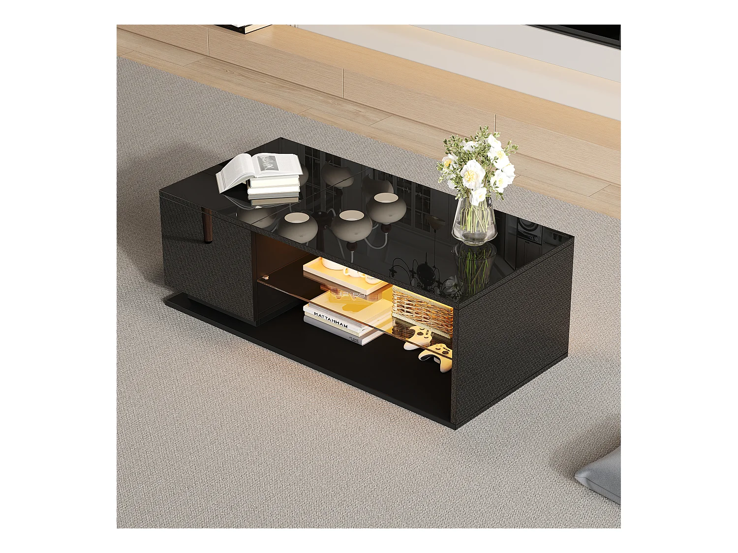 Table basse avec 1 porte et LED, 1 étagère ouverte en verre trempé, corps en noir laqué