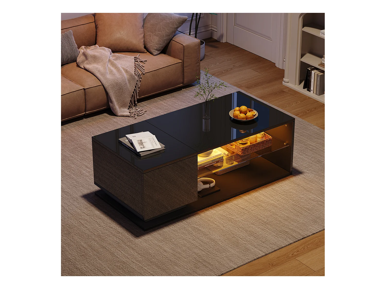 Mesa de centro con 1 puerta y LED, 1 estante abierto en cristal templado, cuerpo lacado en negro.