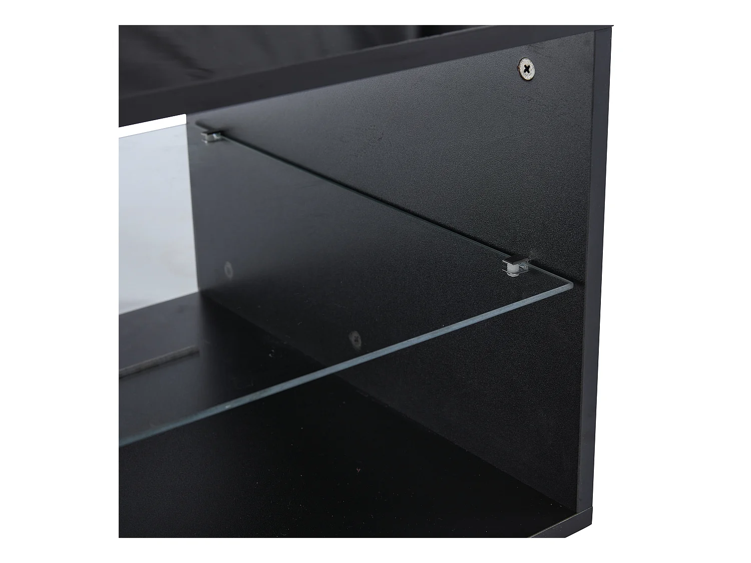 Table basse avec 1 porte et LED, 1 étagère ouverte en verre trempé, corps en noir laqué