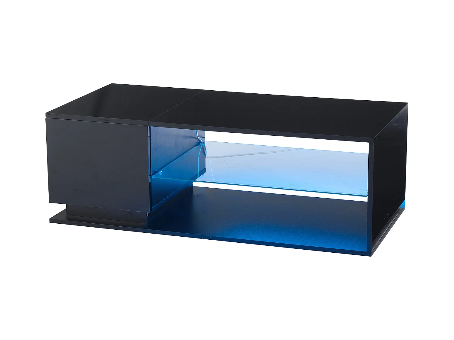 Table basse avec 1 porte et LED, 1 étagère ouverte en verre trempé, corps en noir laqué