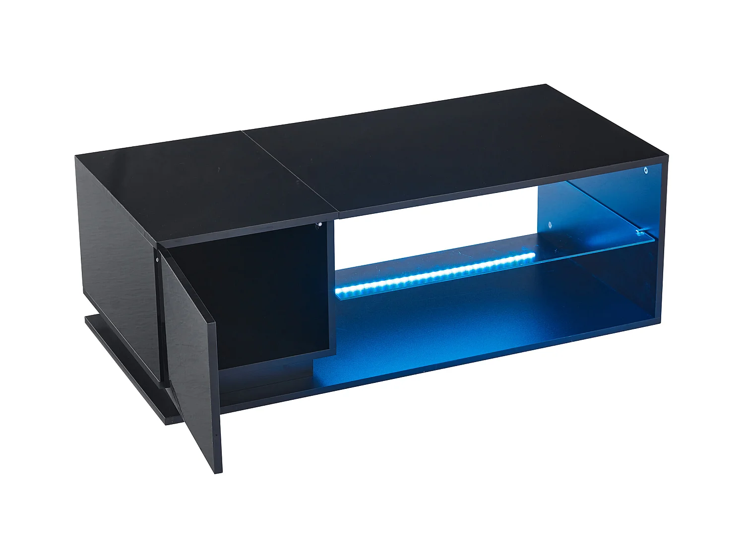 Table basse avec 1 porte et LED, 1 étagère ouverte en verre trempé, corps en noir laqué