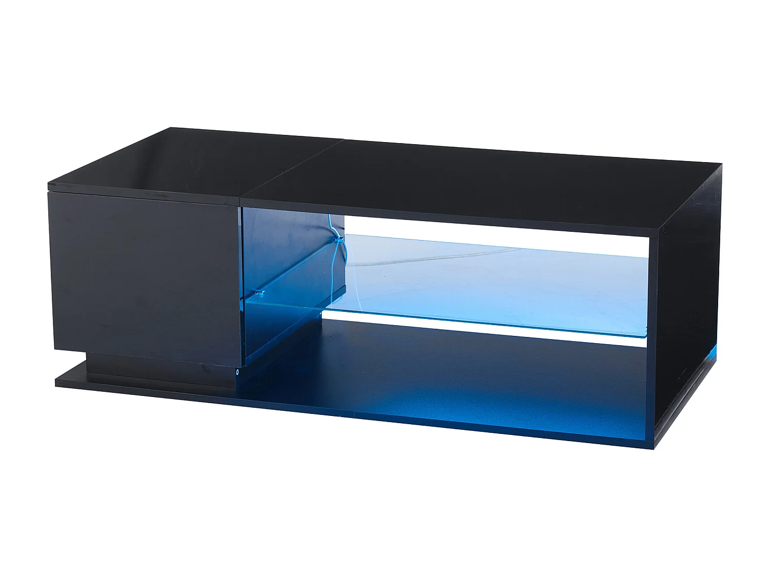Mesa de centro com 1 porta e LED, 1 prateleira aberta em vidro temperado, corpo em lacado preto