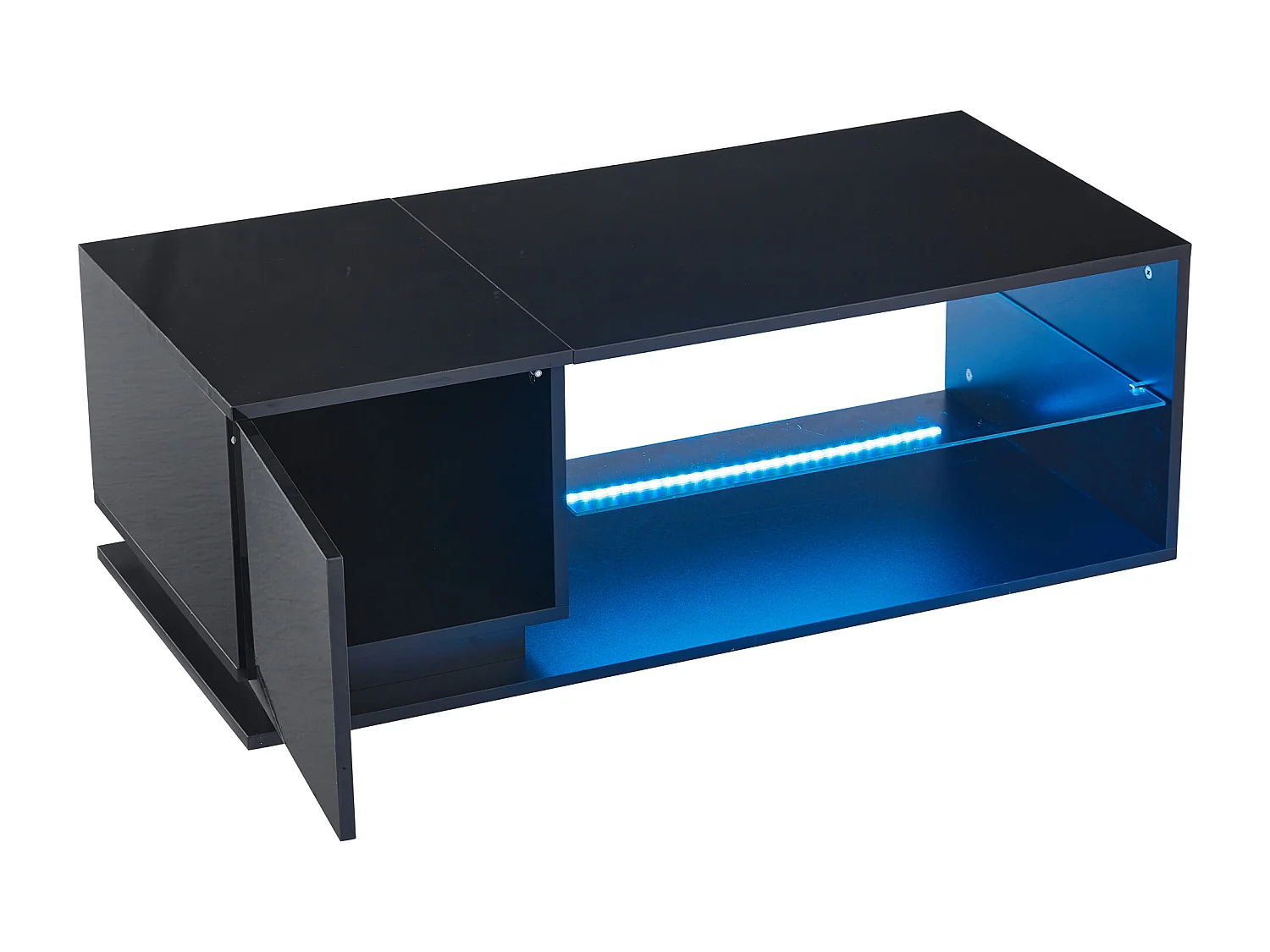 Mesa de centro com 1 porta e LED, 1 prateleira aberta em vidro temperado, corpo em lacado preto