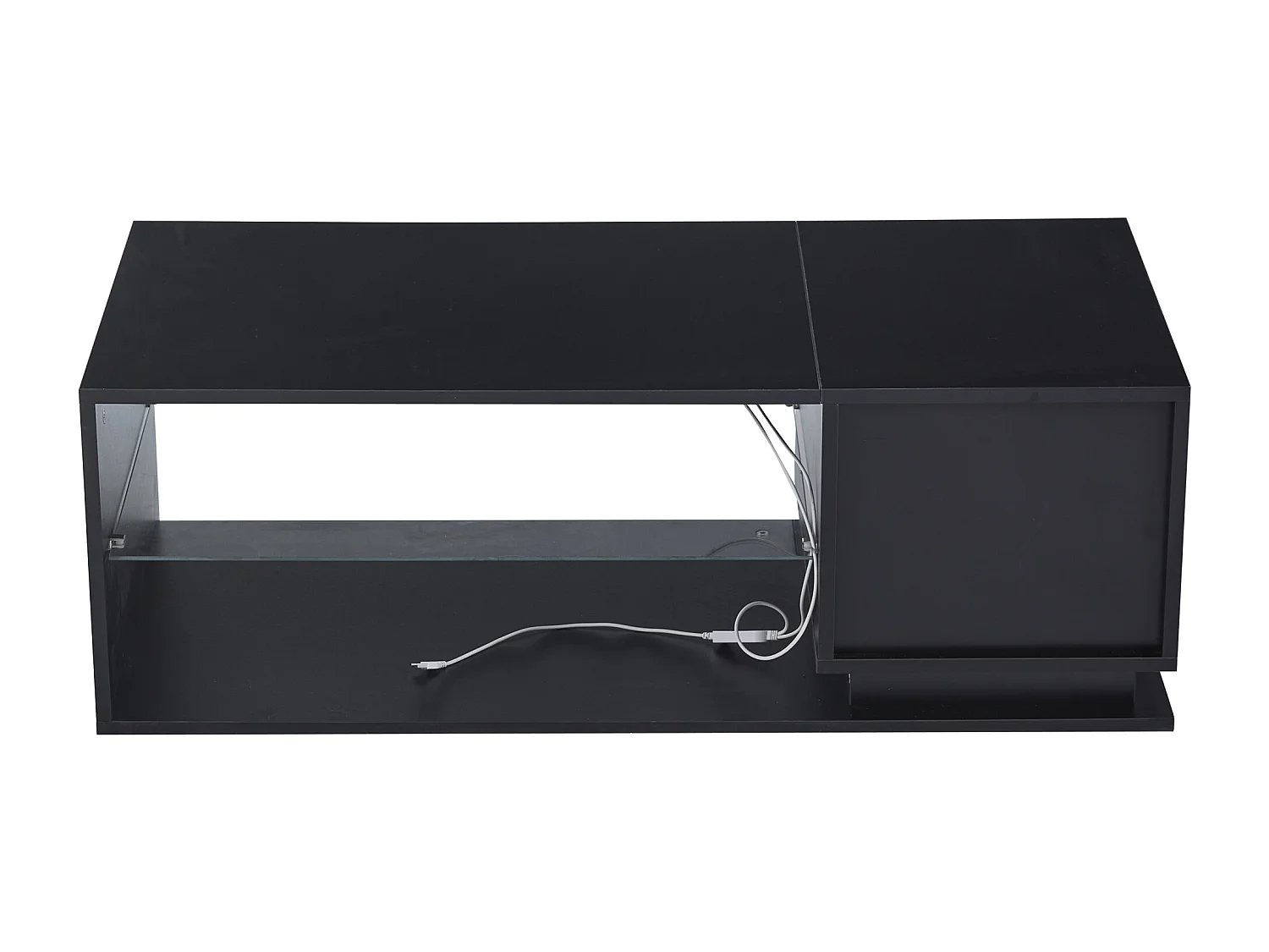 Mesa de centro com 1 porta e LED, 1 prateleira aberta em vidro temperado, corpo em lacado preto