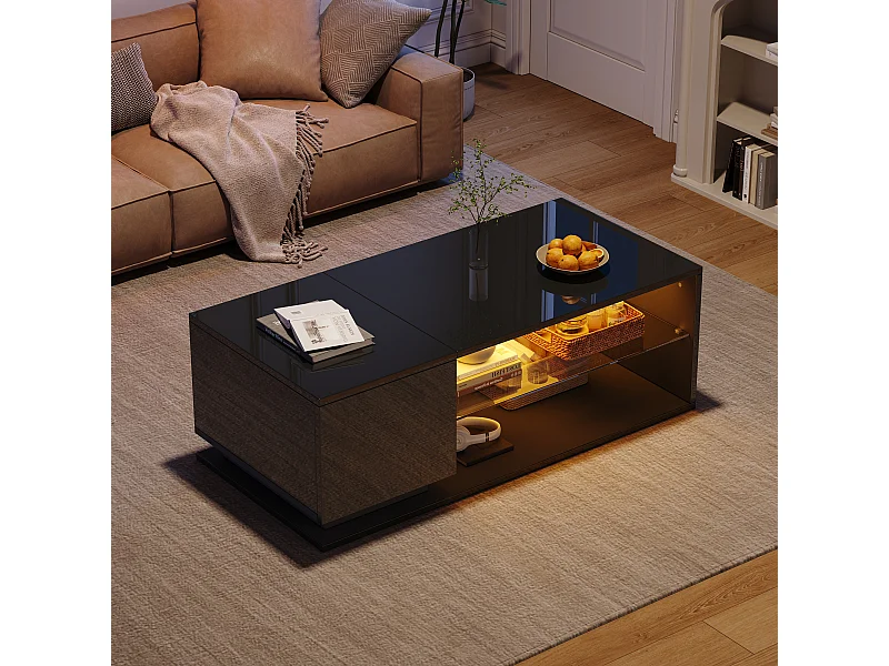 Table basse avec 1 porte et LED, 1 étagère ouverte en verre trempé, corps en noir laqué