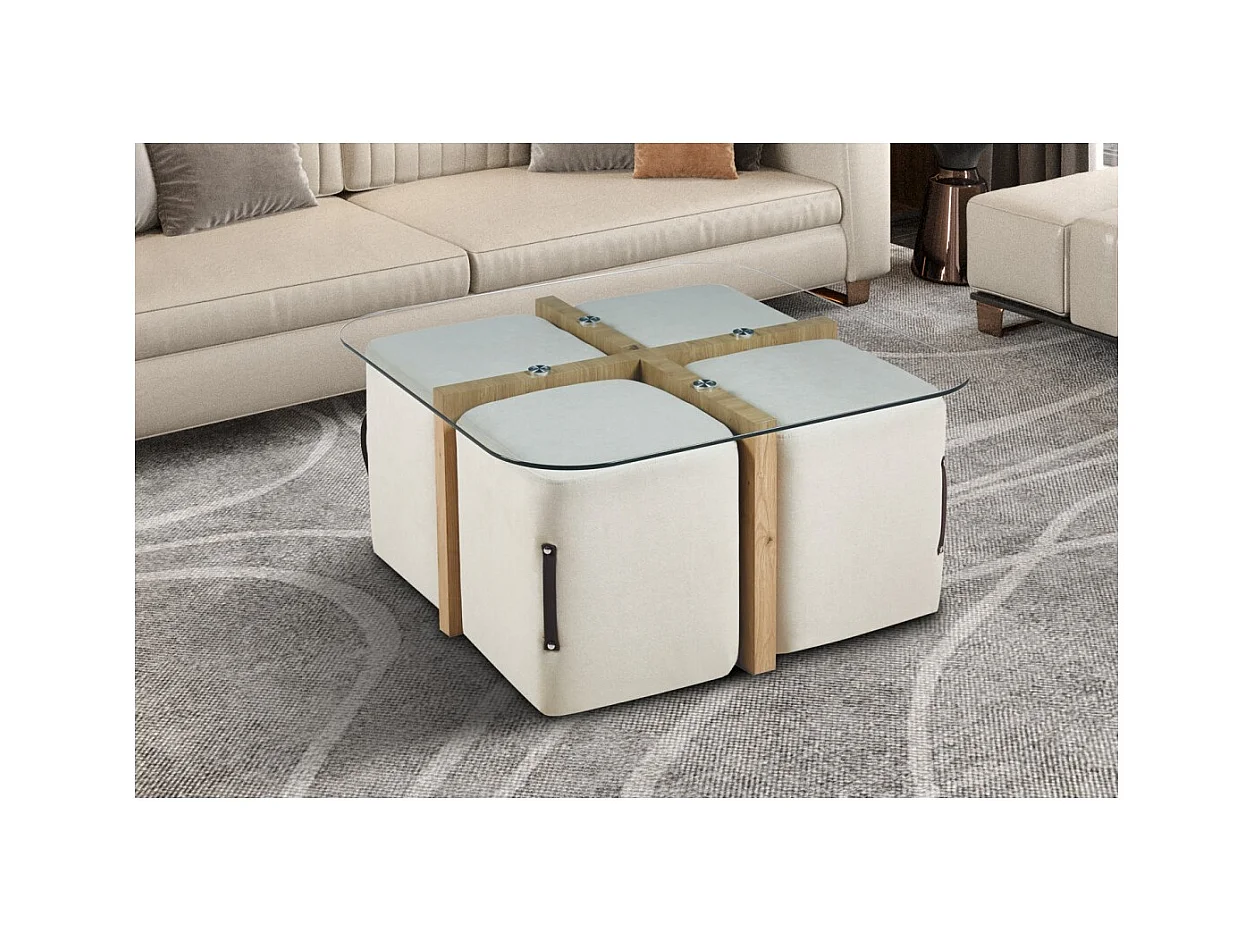Table basse QUADORA – Carrée 90x90 cm – Verre & chêne vieilli – Avec 4 poufs blancs – Design pratique et élégant