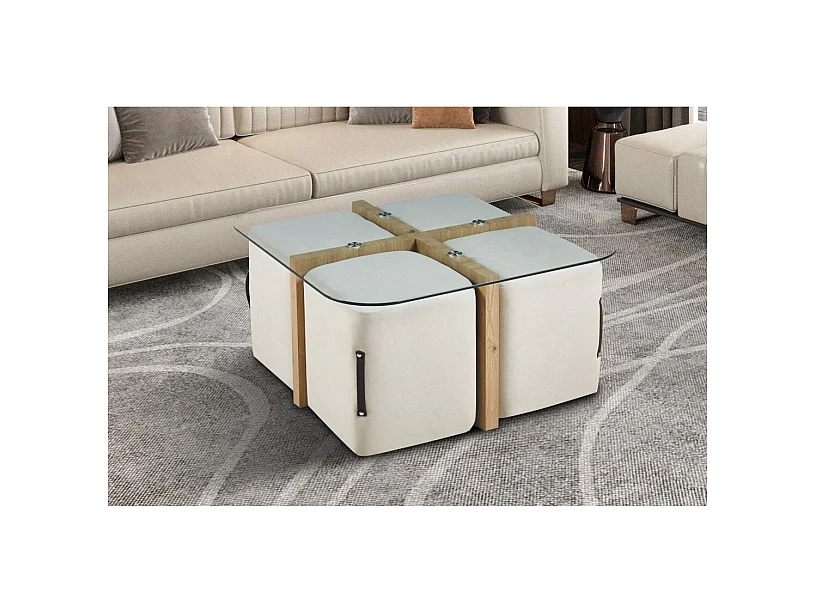 Table basse QUADORA – Carrée 90x90 cm – Verre & chêne vieilli – Avec 4 poufs blancs – Design pratique et élégant