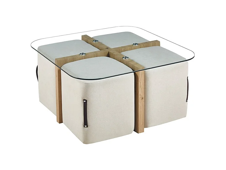 Table basse QUADORA – Carrée 90x90 cm – Verre & chêne vieilli – Avec 4 poufs blancs – Design pratique et élégant