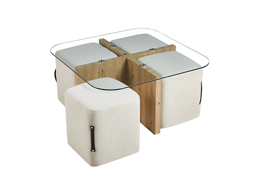 Table basse QUADORA – Carrée 90x90 cm – Verre & chêne vieilli – Avec 4 poufs blancs – Design pratique et élégant