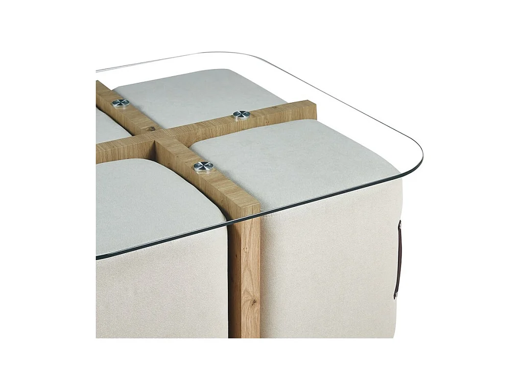 Table basse QUADORA – Carrée 90x90 cm – Verre & chêne vieilli – Avec 4 poufs blancs – Design pratique et élégant