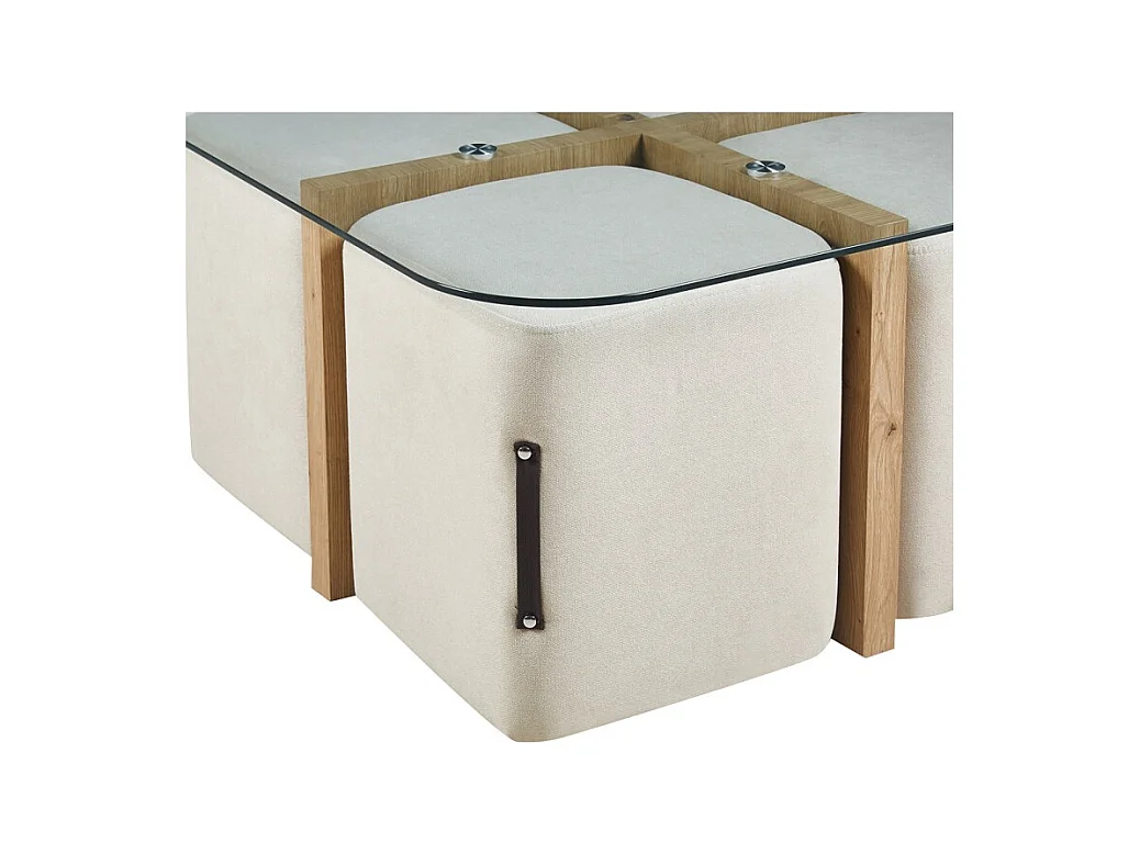 Table basse QUADORA – Carrée 90x90 cm – Verre & chêne vieilli – Avec 4 poufs blancs – Design pratique et élégant