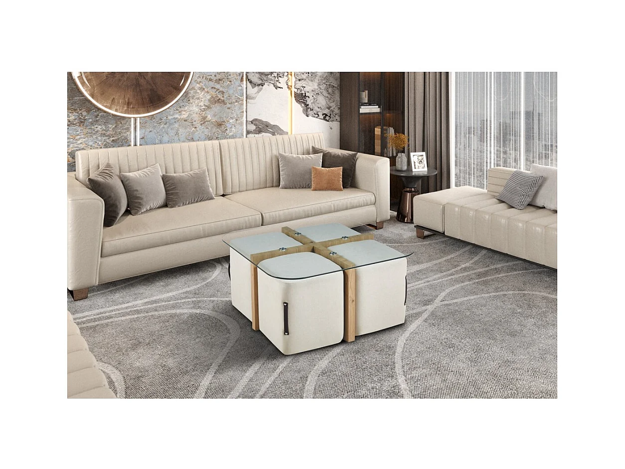 Table basse QUADORA – Carrée 90x90 cm – Verre & chêne vieilli – Avec 4 poufs blancs – Design pratique et élégant