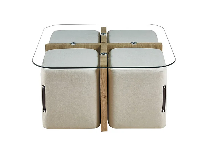 Table basse QUADORA – Carrée 90x90 cm – Verre & chêne vieilli – Avec 4 poufs blancs – Design pratique et élégant