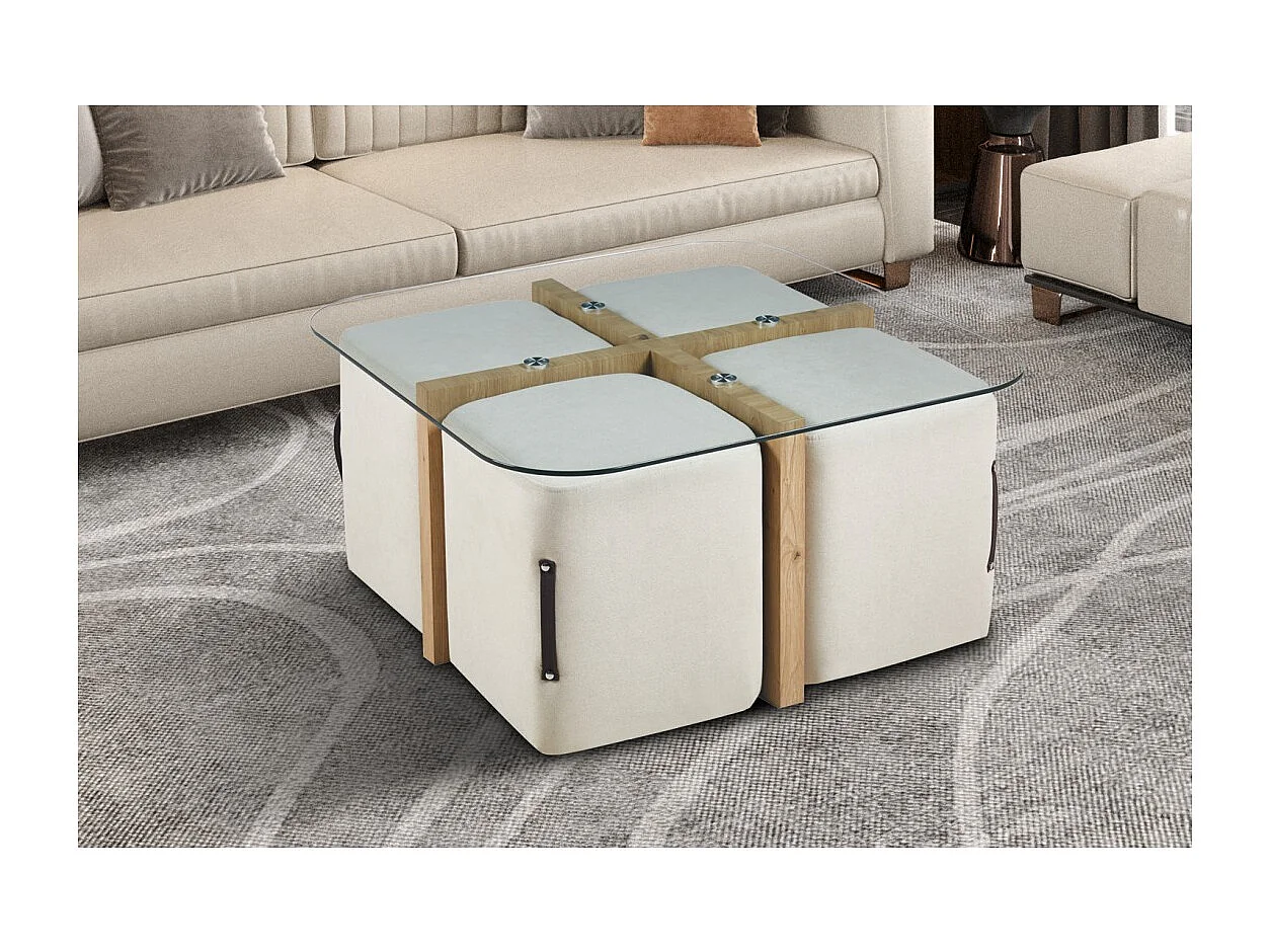Table basse QUADORA – Carrée 90x90 cm – Verre & chêne vieilli – Avec 4 poufs blancs – Design pratique et élégant