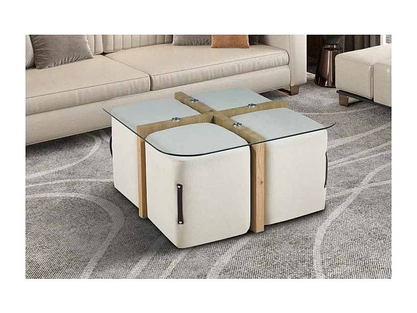 Table basse QUADORA – Carrée 90x90 cm – Verre & chêne vieilli – Avec 4 poufs blancs – Design pratique et élégant