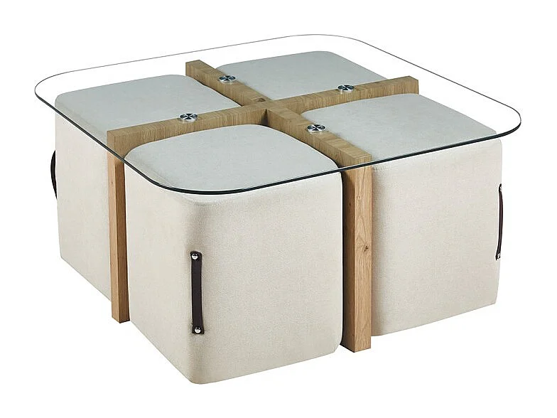 Table basse QUADORA – Carrée 90x90 cm – Verre & chêne vieilli – Avec 4 poufs blancs – Design pratique et élégant