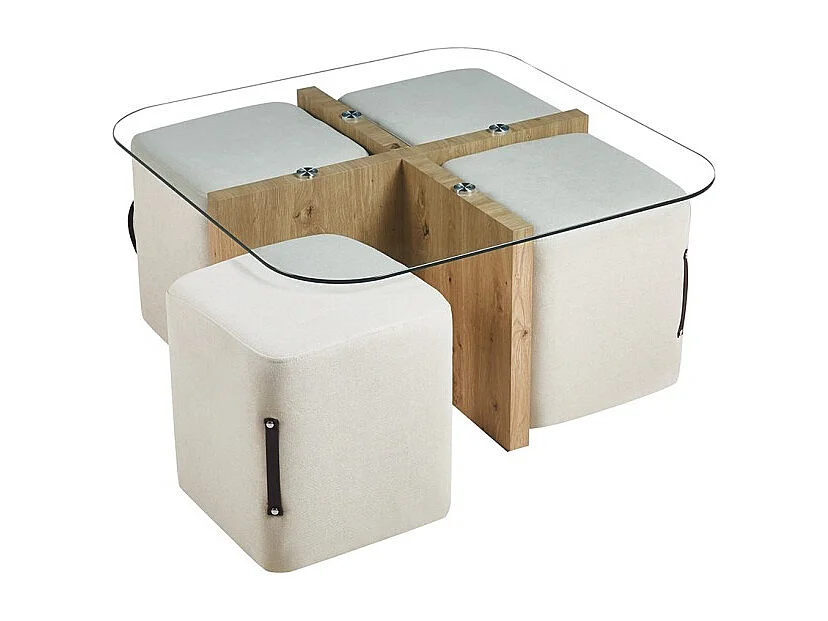 Table basse QUADORA – Carrée 90x90 cm – Verre & chêne vieilli – Avec 4 poufs blancs – Design pratique et élégant