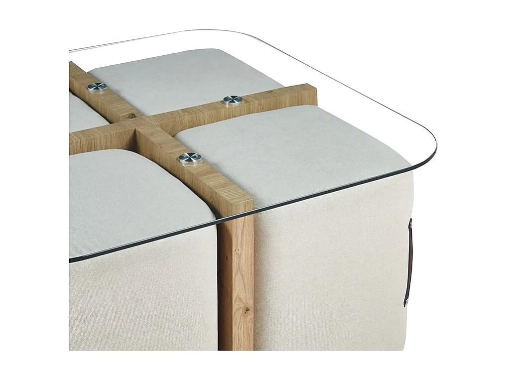 Table basse QUADORA – Carrée 90x90 cm – Verre & chêne vieilli – Avec 4 poufs blancs – Design pratique et élégant