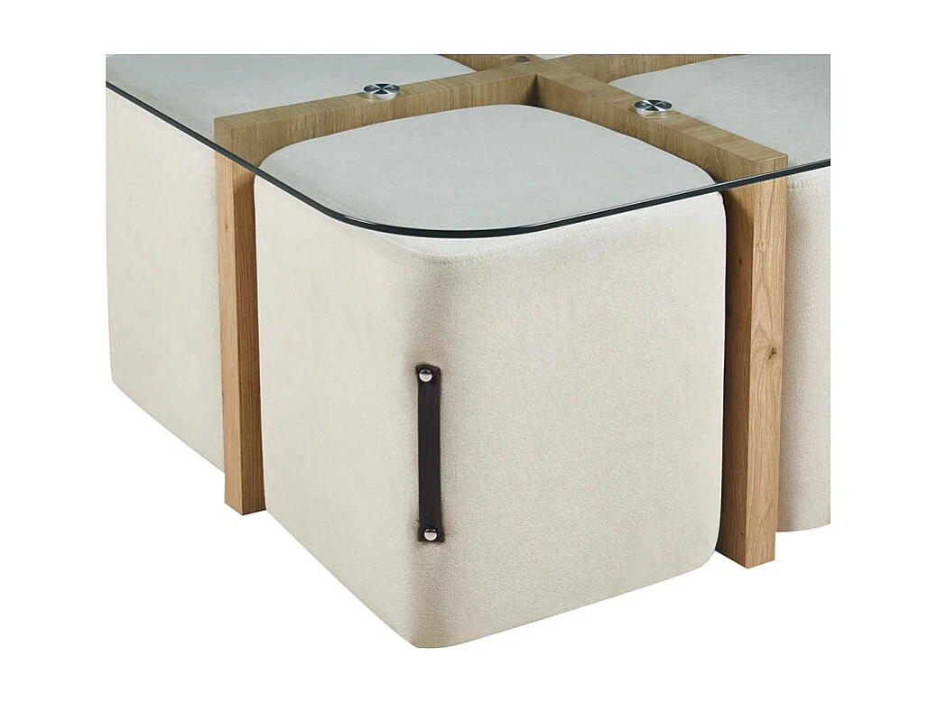 Table basse QUADORA – Carrée 90x90 cm – Verre & chêne vieilli – Avec 4 poufs blancs – Design pratique et élégant