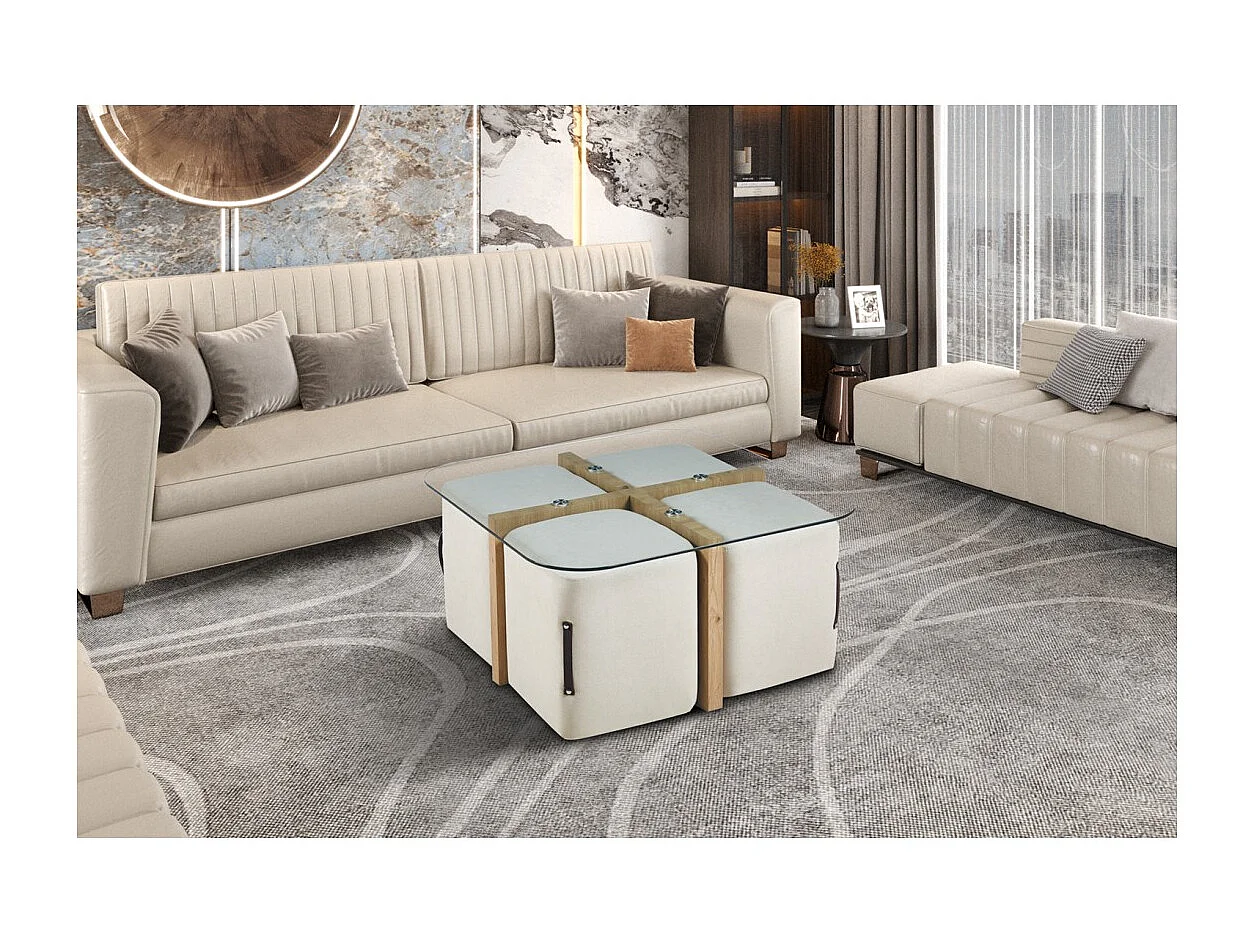 Table basse QUADORA – Carrée 90x90 cm – Verre & chêne vieilli – Avec 4 poufs blancs – Design pratique et élégant