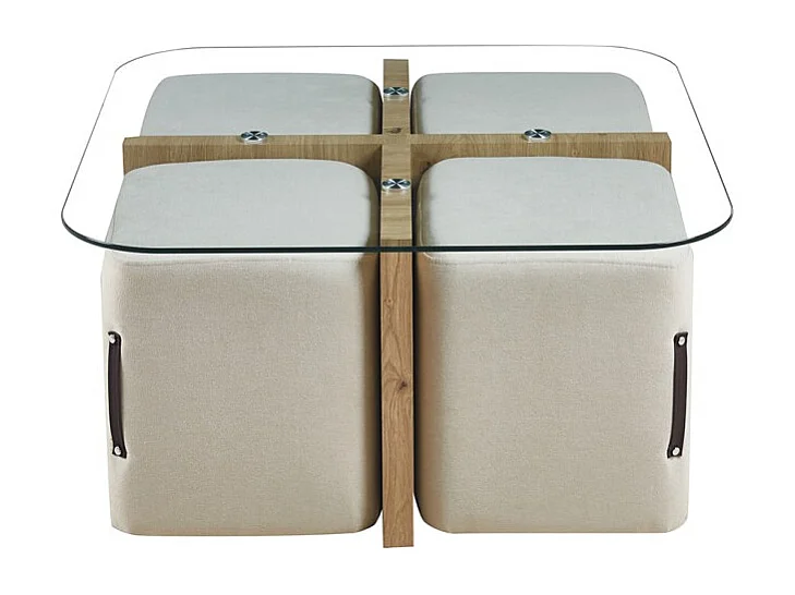Mesa de centro QUADORA – Quadrada 90x90 cm – Vidro & carvalho envelhecido – Com 4 pufes brancos – Design prático e elegante