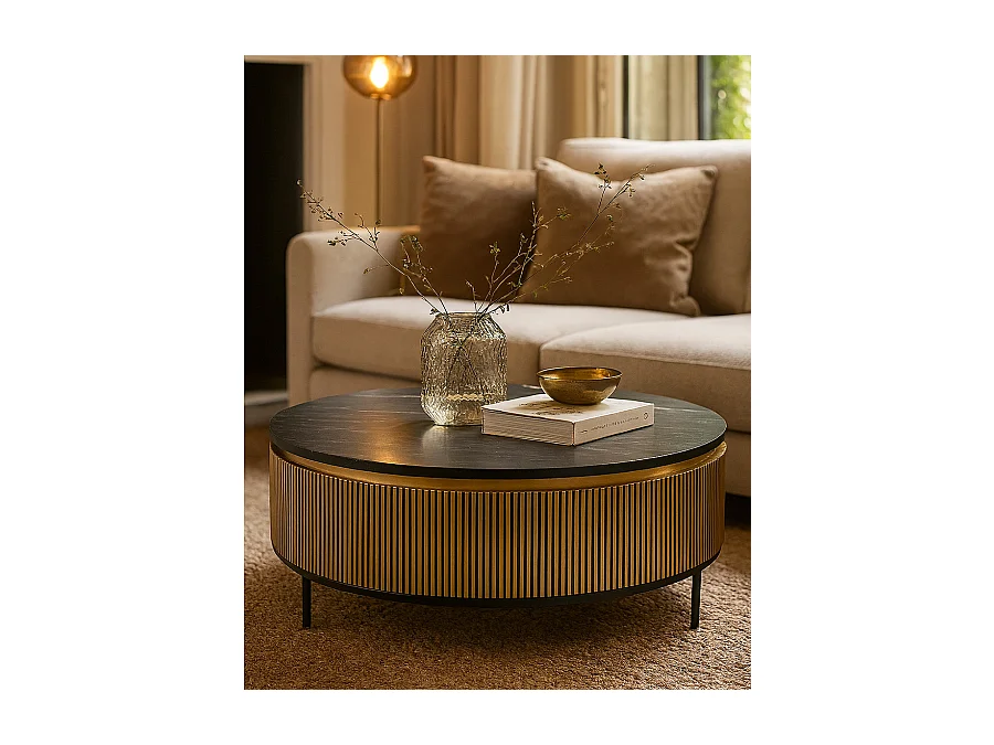 Glory - Table basse finition laiton vieilli avec plateau en marbre noir