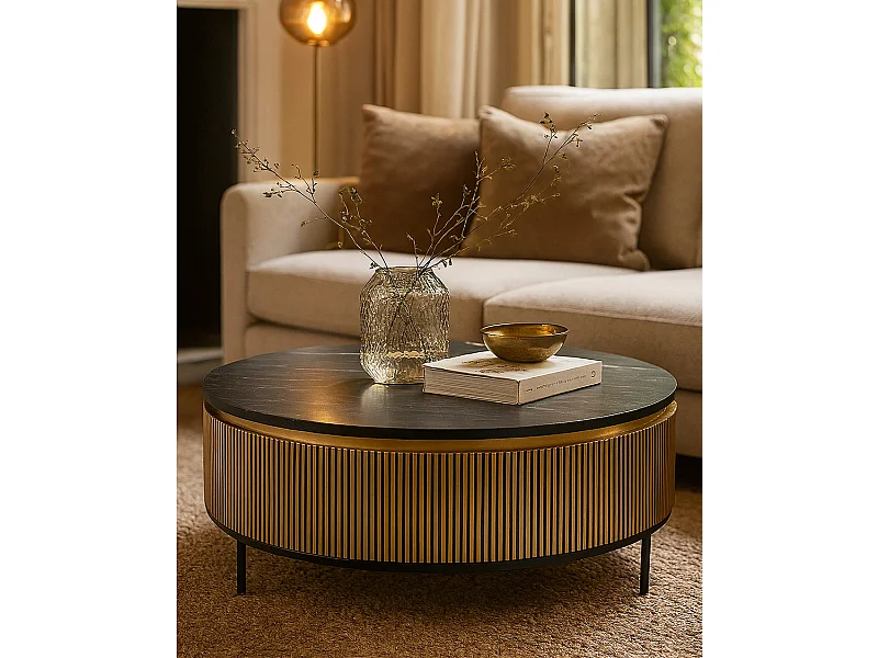 Glory - Table basse finition laiton vieilli avec plateau en marbre noir