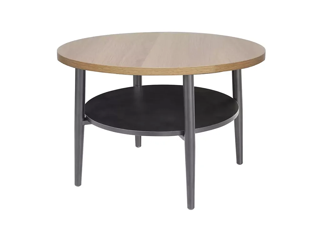 Table basse ronde chêne et noir avec double plateau et pieds fins en métal ZENIX