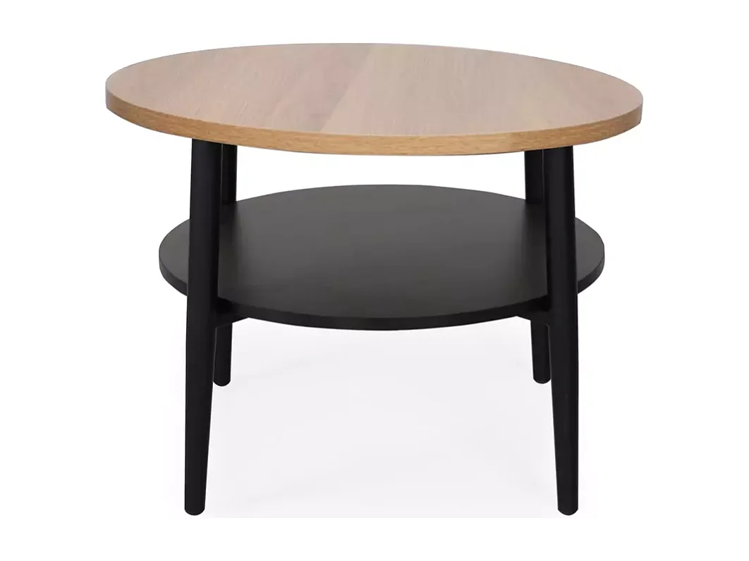 Table basse ronde chêne et noir avec double plateau et pieds fins en métal ZENIX