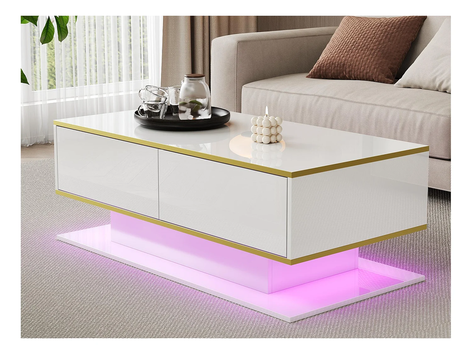 Table basse LED moderne - Finition brillante - Avec 3 tiroirs - Avec éclairage LED - Blanc