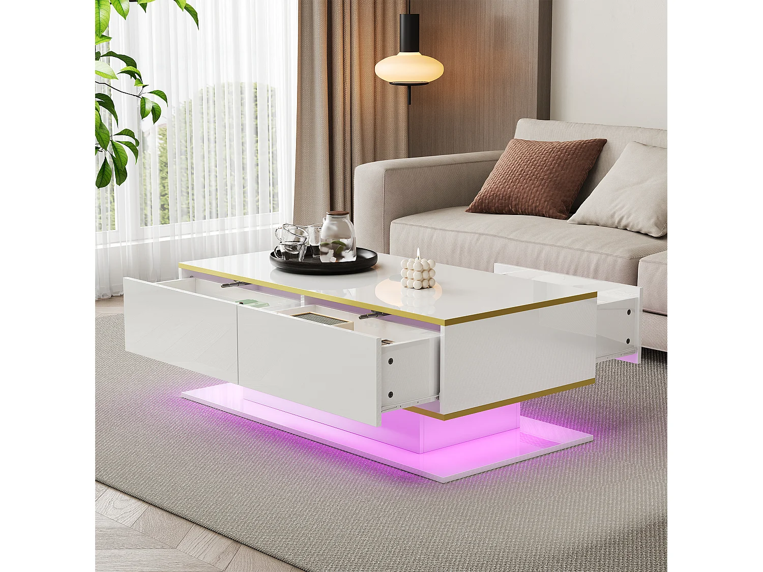 Table basse LED moderne - Finition brillante - Avec 3 tiroirs - Avec éclairage LED - Blanc