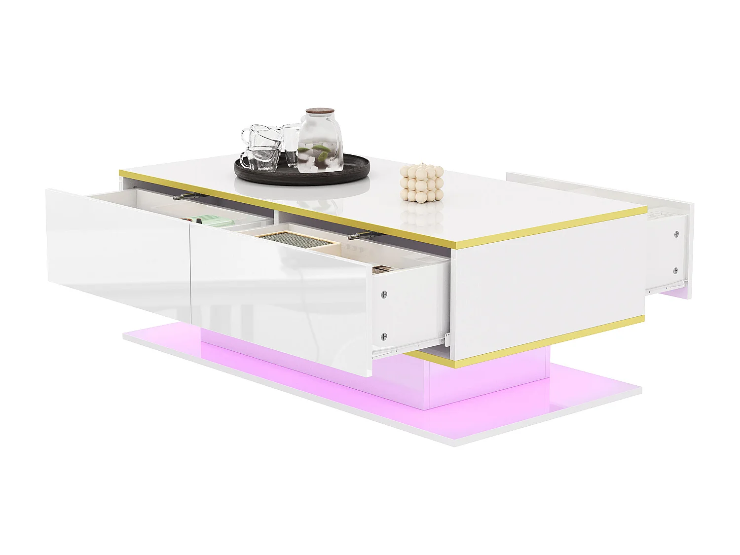 Table basse LED moderne - Finition brillante - Avec 3 tiroirs - Avec éclairage LED - Blanc