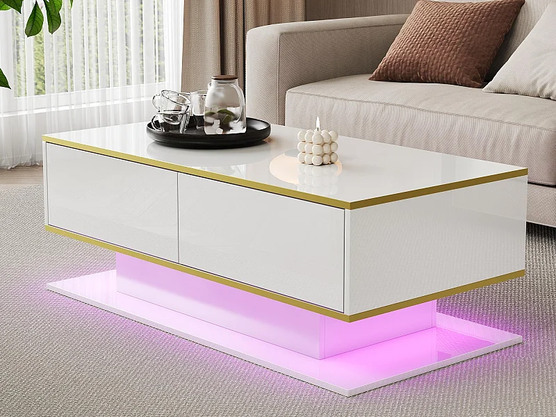 Table basse LED moderne - Finition brillante - Avec 3 tiroirs - Avec éclairage LED - Blanc