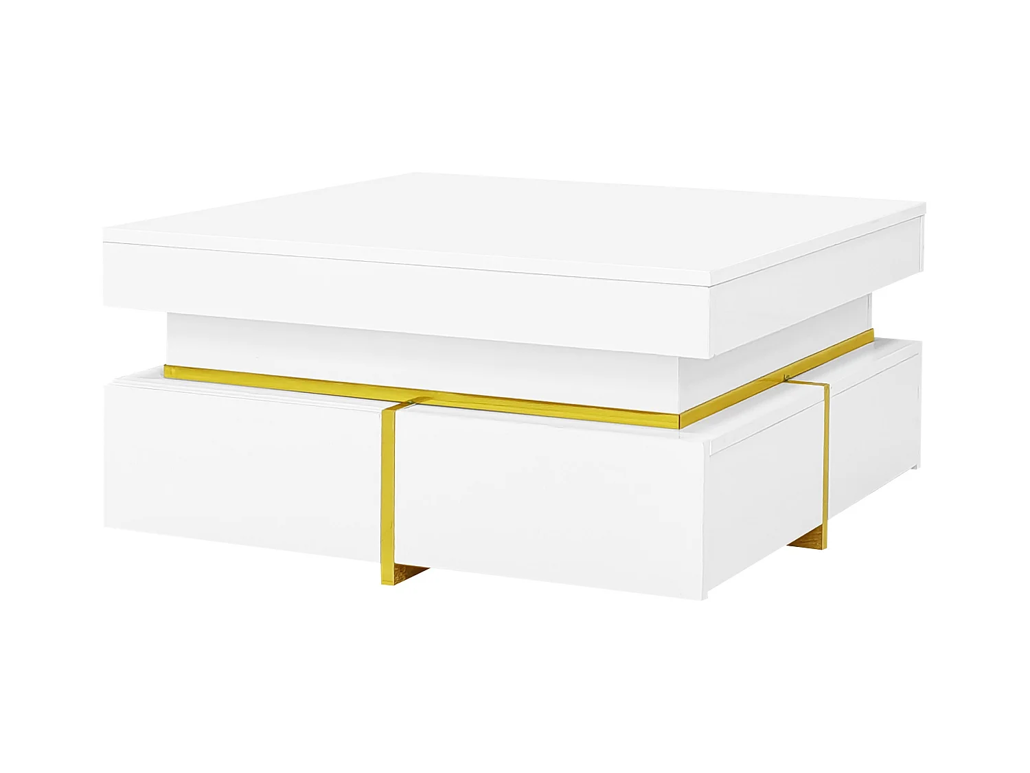 Table basse carrée - Table basse blanche avec 2 tiroirs de rangement - Bordure dorée - pour salon et bureau