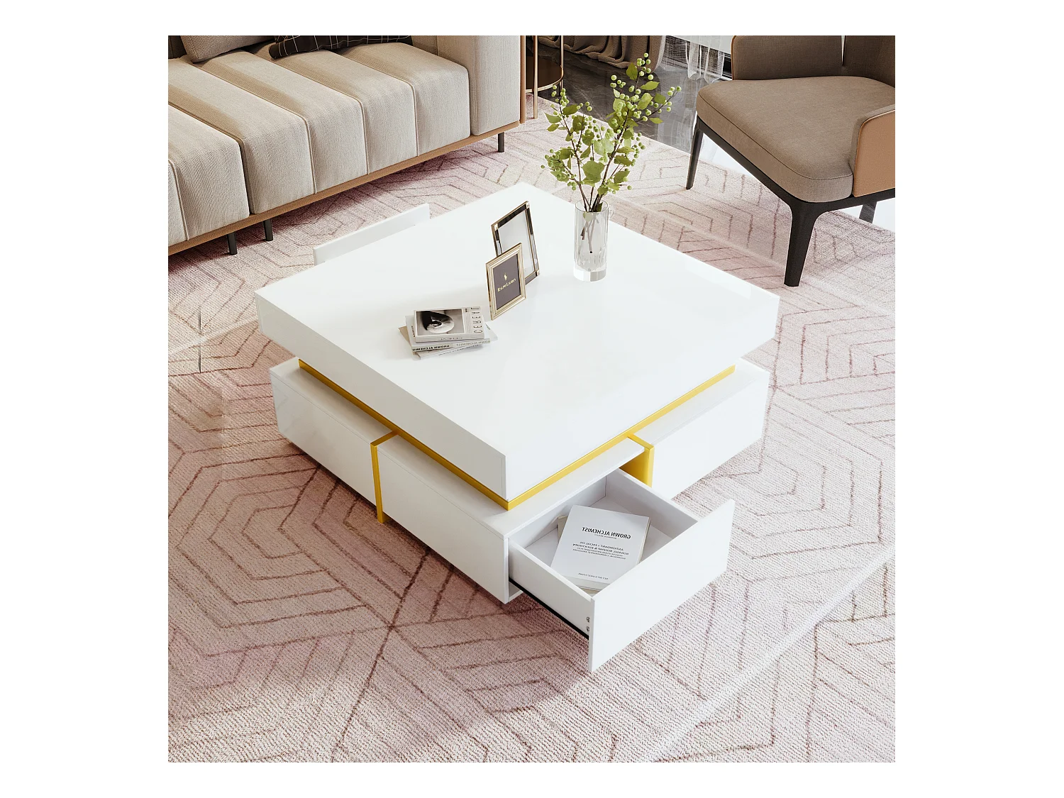 Table basse carrée - Table basse blanche avec 2 tiroirs de rangement - Bordure dorée - pour salon et bureau