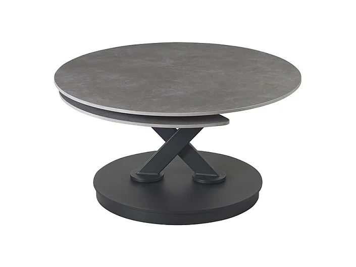 Mesa de Centro VIRELLO – Mesa de Centro Redonda Ø85 cm – Pedra Natural Cinza Claro & Metal – Design de Alta Qualidade