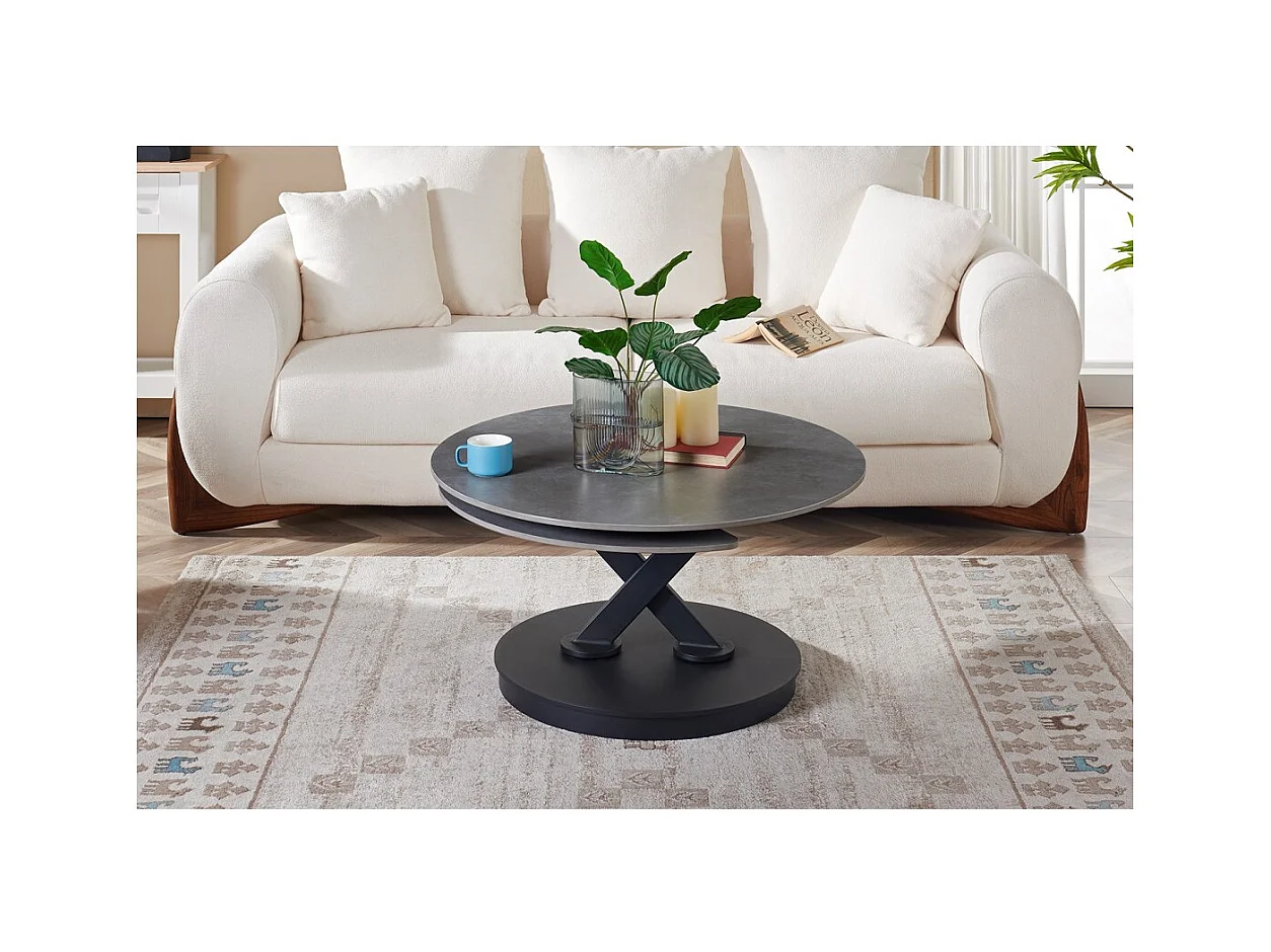 Mesa de Centro VIRELLO – Mesa de Centro Redonda Ø85 cm – Pedra Natural Cinza Claro & Metal – Design de Alta Qualidade