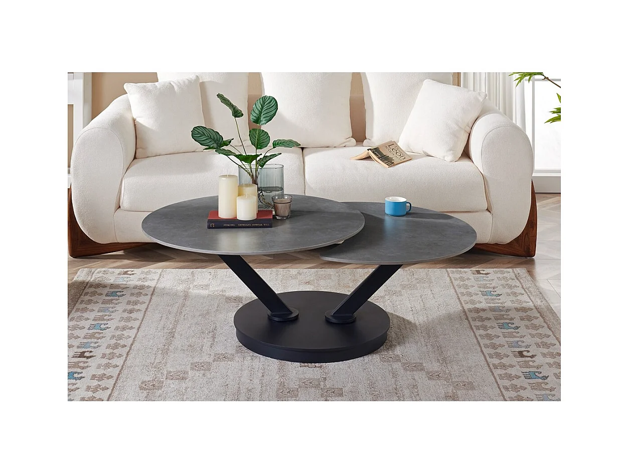 Mesa de Centro VIRELLO – Mesa de Centro Redonda Ø85 cm – Pedra Natural Cinza Claro & Metal – Design de Alta Qualidade