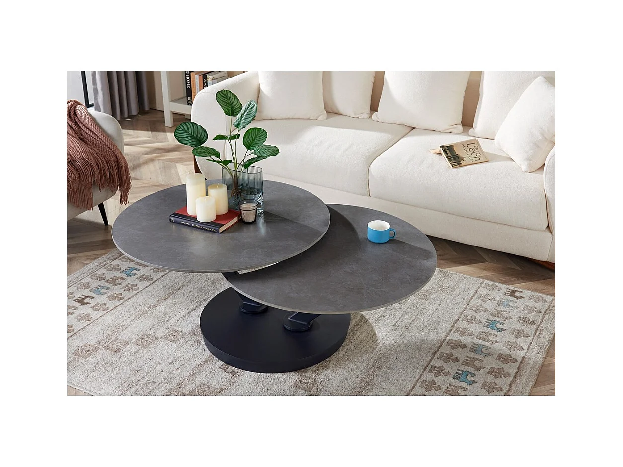 Mesa de Centro VIRELLO – Mesa de Centro Redonda Ø85 cm – Pedra Natural Cinza Claro & Metal – Design de Alta Qualidade