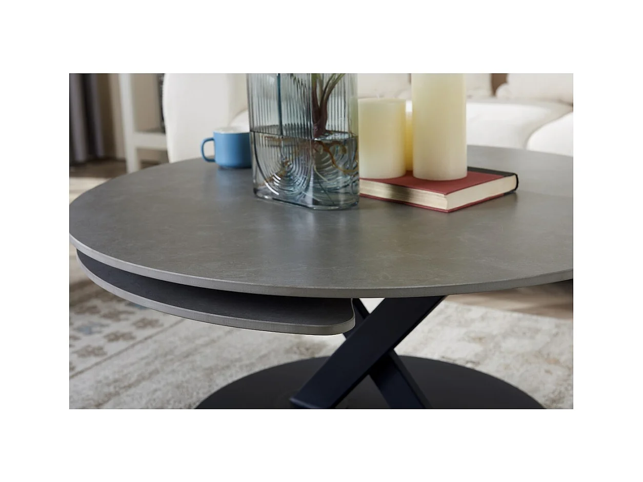 Mesa de Centro VIRELLO – Mesa de Centro Redonda Ø85 cm – Pedra Natural Cinza Claro & Metal – Design de Alta Qualidade